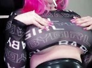 Luvie Doll smoking EVE 120 cigarette with big boobs in sheer top and latex leggings with long nails