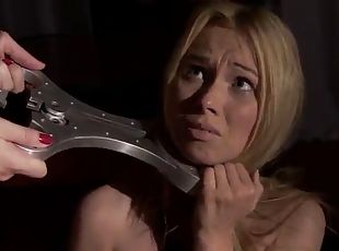 Bdsm fetish lesbian college girl being spooked with a strap on dildo