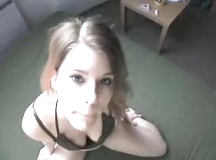 Brunette teen cutie gives a blowjob and swallows cum