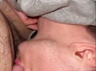 Young twink sucks a big dick in a car at public cruising area with a fresh load on face and in mouth