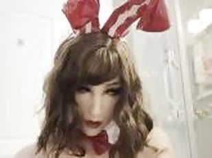 Cute Bunny girl surprised and happy to Stroke a big dildo