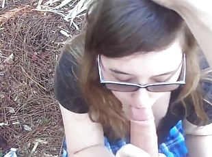 Cute chubby amateur blowjob and creampie and in the woods