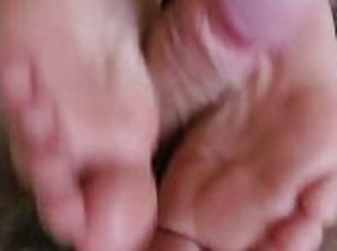 Footjob and sockjob from petite blonde slut and cum on toes