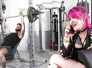 Tattooed dude gets fucked by kinky shemale Lena Moon in the gym