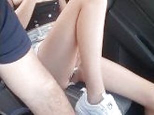 Skinny masturbates in the car next to her stepfather
