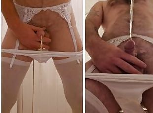 Dual view pissing in the toilet while wearing white lingerie