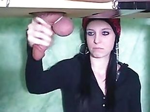 Balls in a rubber band and cock stroked