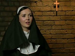 Slutty nun gets tied up and fucked rough by two guys