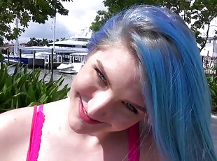 Curvy blue haired amateur goes home with him for cock