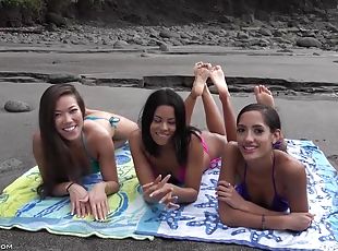 Young wet 18yo brunette Latina babes enjoys threesome orgy outdoors on the beach