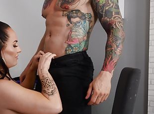 Tattooed dude enjoys while fucking his chubby MILF girlfriend Jess