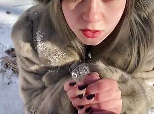 Slavic Girl in Snow Winter Sucking Dick outdoor