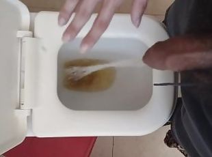 Hairy cock man  pissing on already pissed toilet