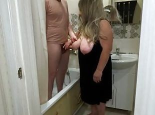 Mature MILF jerked off his cock in the bathroom and engaged in anal sex